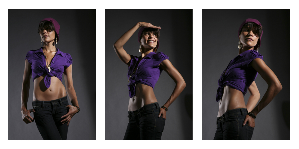 drei fashion photos: model mit violetter bluse