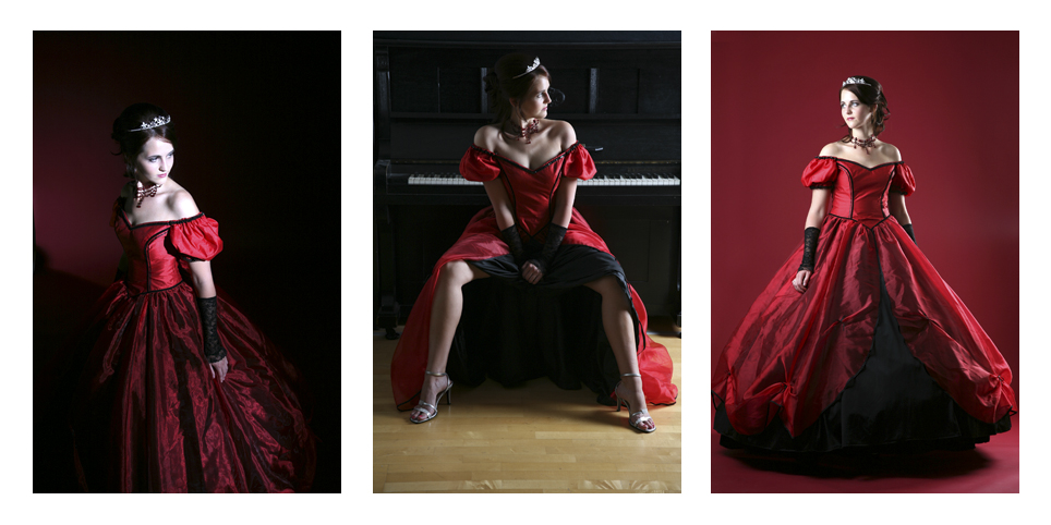 drei fashion photos: model in rotem prinzessinnenkleid